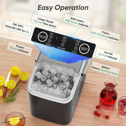 Countertop Ice Maker – Nugget Portable Ice Machine, 9 Bullet Ice Cubes in 6 Minutes, 26.5lbs in 24 Hours, Self-Cleaning with Handle, Basket, Scoop for Home, Kitchen, Party, Camping, RV
