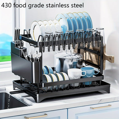 2-Tier Large Stainless Steel Dish Drying Rack with Drainboard – Black Dish Drainer for Kitchen Counter – Includes Space for Dishes, Knives, Cups, Cutting Board