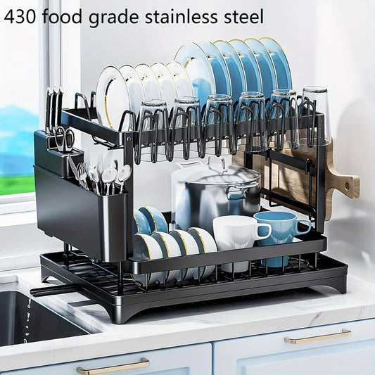 2-Tier Large Stainless Steel Dish Drying Rack with Drainboard – Black Dish Drainer for Kitchen Counter – Includes Space for Dishes, Knives, Cups, Cutting Board
