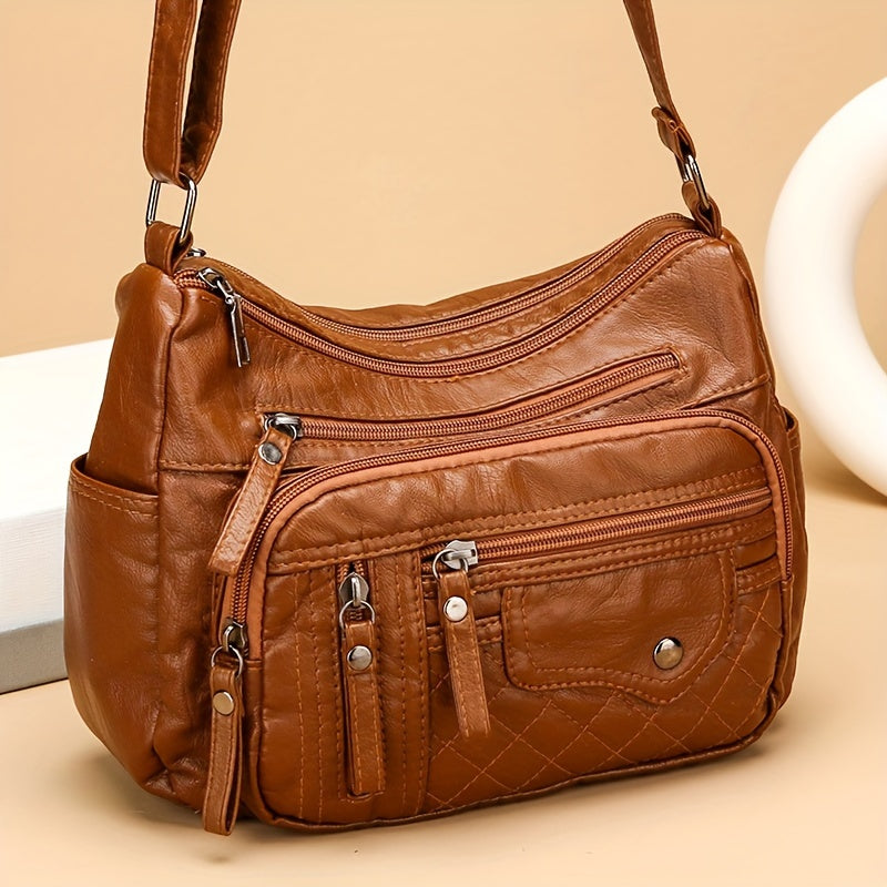 Fashion Multi-Zipper Crossbody Bag – Soft Vegan Leather Shoulder Bag with Multiple Pockets – Women's Handbag Purse