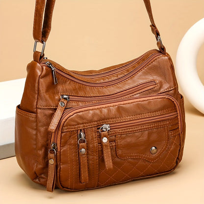 Fashion Multi-Zipper Crossbody Bag – Soft Vegan Leather Shoulder Bag with Multiple Pockets – Women's Handbag Purse
