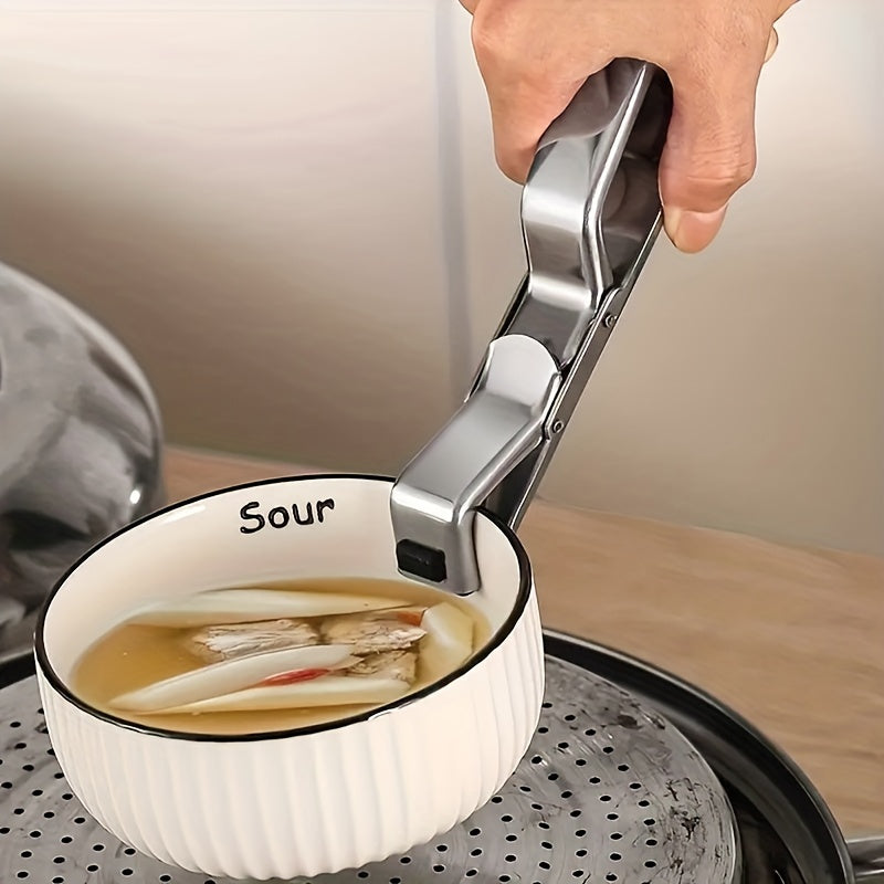 Stainless Steel & Silicone Anti-Scald Bowl Gripper – Multi-Functional Kitchen Hot Plate Holder – Universal Pan Dish Lifter – Food Retriever for Microwave and Oven Safe Handling