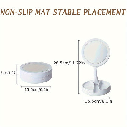 LED Lighted Makeup Mirror with 1/10X Magnification – Round, Illuminated, Foldable, Portable Beauty Mirror with Storage Box