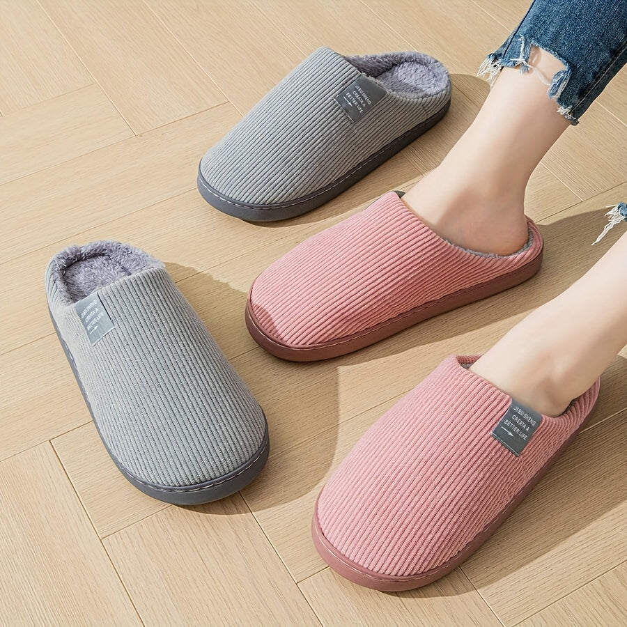 Solid Color Casual Slippers - Plush Lined, Comfortable Slip-On Indoor Shoes