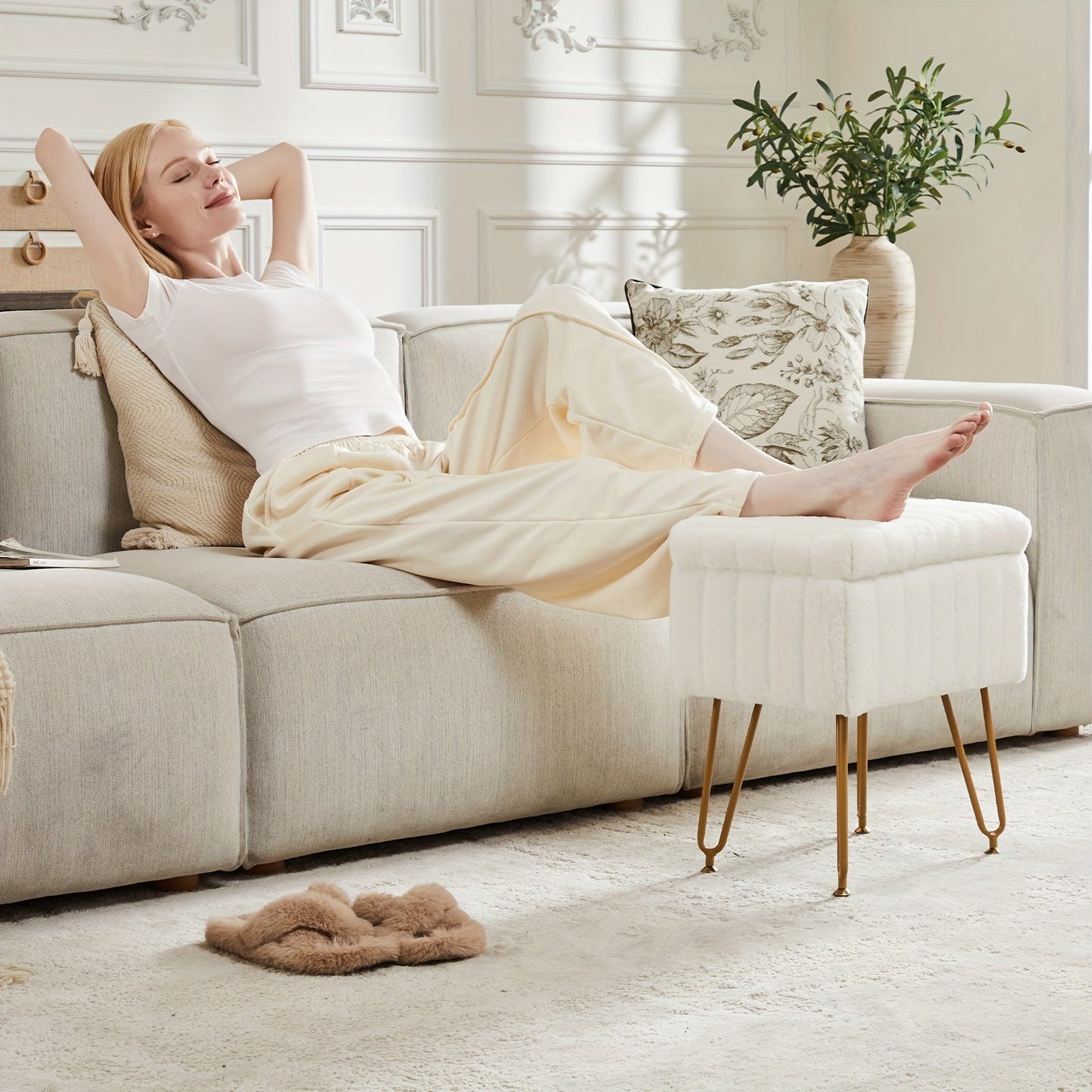 Luxurious Faux Fur Vanity Storage Ottoman Chair - Metal Legs, Flip-Top Foot Rest, Soft Padded Seat, Ample Storage