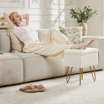 Luxurious Faux Fur Vanity Storage Ottoman Chair - Metal Legs, Flip-Top Foot Rest, Soft Padded Seat, Ample Storage