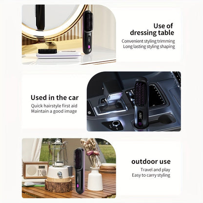 Wireless Hair Straightener Brush - 7.87x1.77x1.18 Inches, 3 Temperature Settings, LED Display, USB Rechargeable, 36V Max, 2000mAh Battery - Professional Styling Tool for Home and Travel