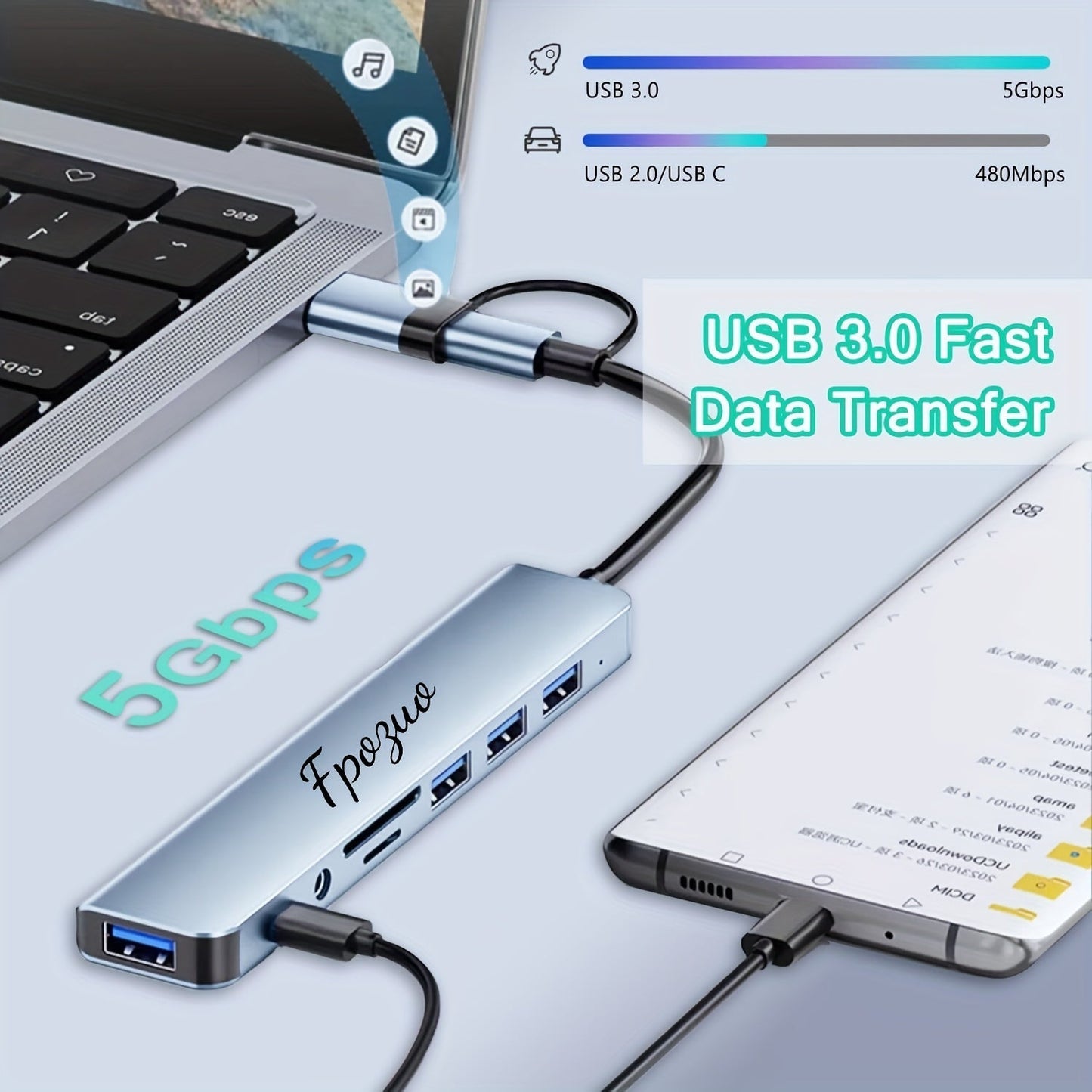 FPOZUO USB 3.0 and USB-C Hub Adapter with SD/TF Card Reader - 5Gbps Data Transfer, Aluminum Alloy Expansion Dock for Laptops, USB 2.0, TF, SD, 3.5mm Interfaces