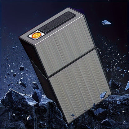 2-in-1 USB Rechargeable Lighter and Cigarette Case - Stylish Men's 20-Cigarette Holder, Moisture-Proof and Durable