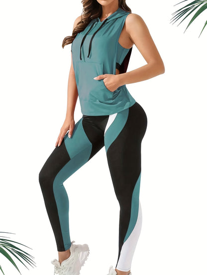 3 Piece Sports Set – Color Block Sports Bra, Drawstring Hooded Tank Top, and Leggings, Women's Activewear