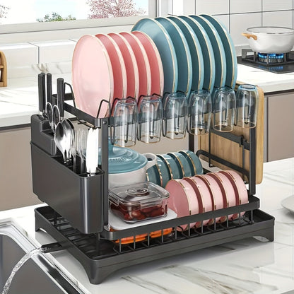 2 Tier Rustproof Metal Dish Rack with Drainboard and Utensil Holder – Space-Saving Kitchen Countertop Organizer for Dishes and Utensils, Easy to Clean