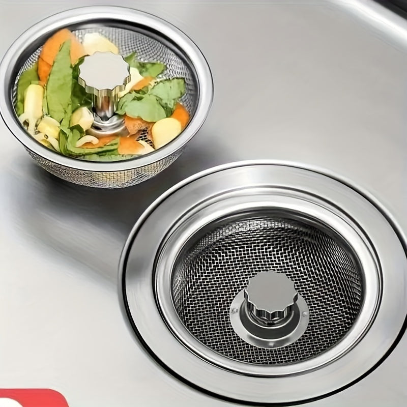 2PCS Kitchen Sink Strainer with Handle & Stopper - Stainless Steel Mesh Filter, Replacement Drain Basket, Waste Hole Trap for Hotels and Restaurants