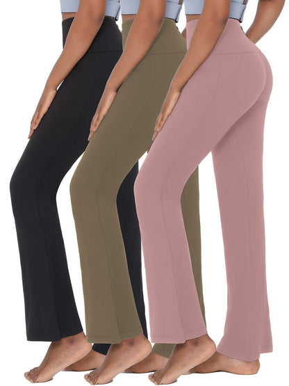3 Pack Women's High-Waisted Flare Pants with Tummy Control – Soft Yoga, Workout & Running Bell Bottoms