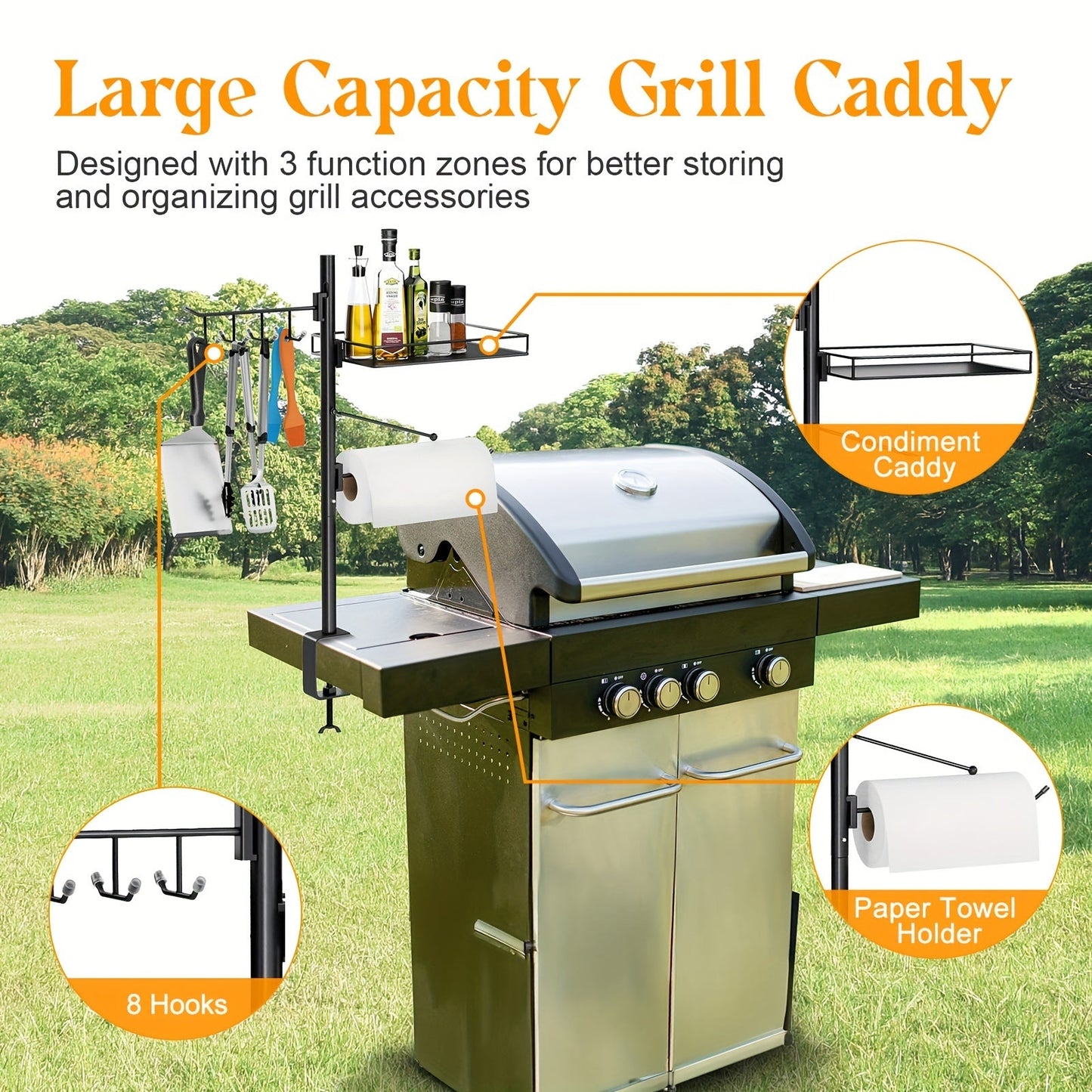 3 in 1 Grill Caddy - Black Iron with 8 Hooks, Condiment Caddy, and Paper Towel Holder for Outdoor Kitchen Storage and Organization