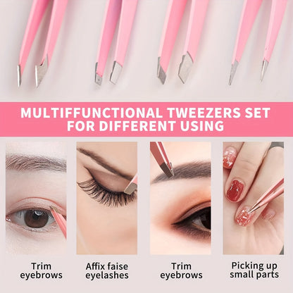 Professional Stainless Steel Tweezers Set – Precision Eyebrow Tweezers for Facial Hair, Splinter & Ingrown Hair Removal, with Storage Bag (Pink)