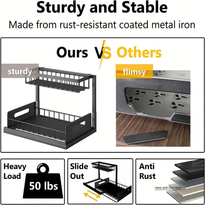 2 Tier Under Sink Organizer: Slide-Out Kitchen & Bathroom Cabinet Storage Shelf, Sturdy Metal Construction