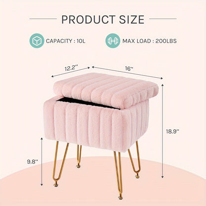 Luxurious Faux Fur Vanity Storage Ottoman Chair - Metal Legs, Flip-Top Foot Rest, Soft Padded Seat, Ample Storage