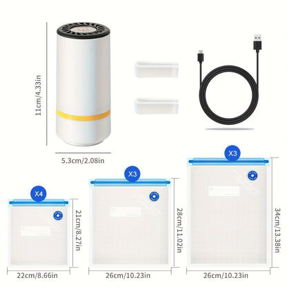 Handheld Electric Vacuum Machine with Food Vacuum Storage Bags – Includes 3 Sizes (4x8.5", 3x11", 3x13.5"), Vacuum-Sealed Zipper Bags, and Electric Pump