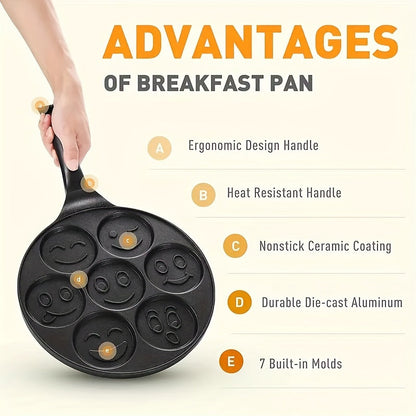 Nonstick Pancake Pan with 7 Happy Face Molds - 7-Cup Blini Maker with Heat-Resistant Handle - Easy-to-Clean Fun Breakfast Pan