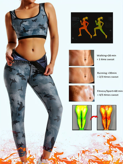 Women's Sauna Suit Set – Half-Back Vest and Long Pants for Sweat-Shaping, Silver-Coated Buttons, 2-Piece Yoga Fitness Outfit