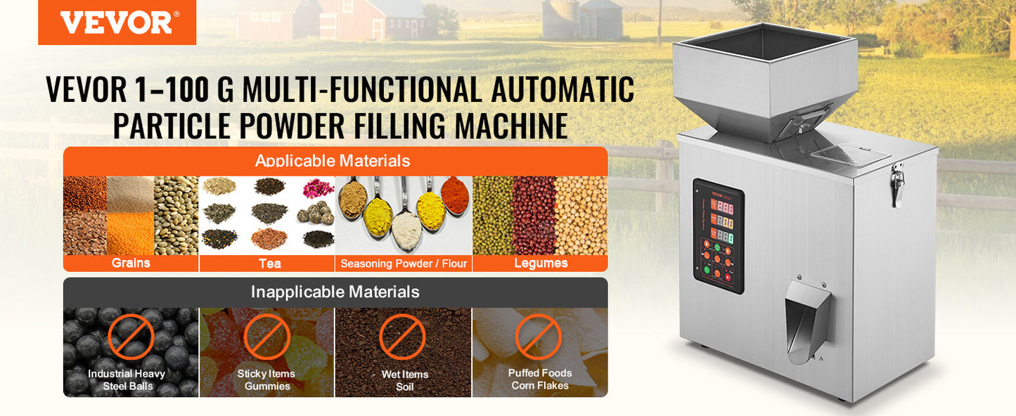 VEVOR Automatic Powder Filling Machine — Intelligent Particle Weighing Dispenser (1-100g / 1-200g / 10-500g) for Tea Seeds