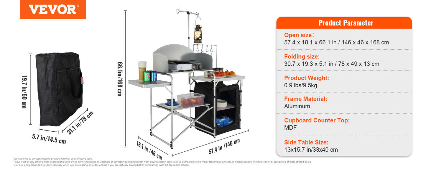 VEVOR Foldable Camping Kitchen Table – Outdoor Cooking Cabinet with Storage Rack & X-Shaped Aluminum Alloy Frame for BBQ & Picnic
