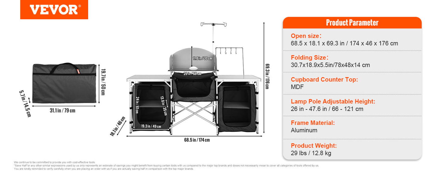 VEVOR Foldable Camping Kitchen Table – Outdoor Cooking Cabinet with Storage Rack & X-Shaped Aluminum Alloy Frame for BBQ & Picnic