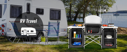 VEVOR Foldable Camping Kitchen Table – Outdoor Cooking Cabinet with Storage Rack & X-Shaped Aluminum Alloy Frame for BBQ & Picnic