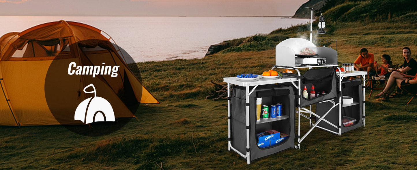 VEVOR Foldable Camping Kitchen Table – Outdoor Cooking Cabinet with Storage Rack & X-Shaped Aluminum Alloy Frame for BBQ & Picnic