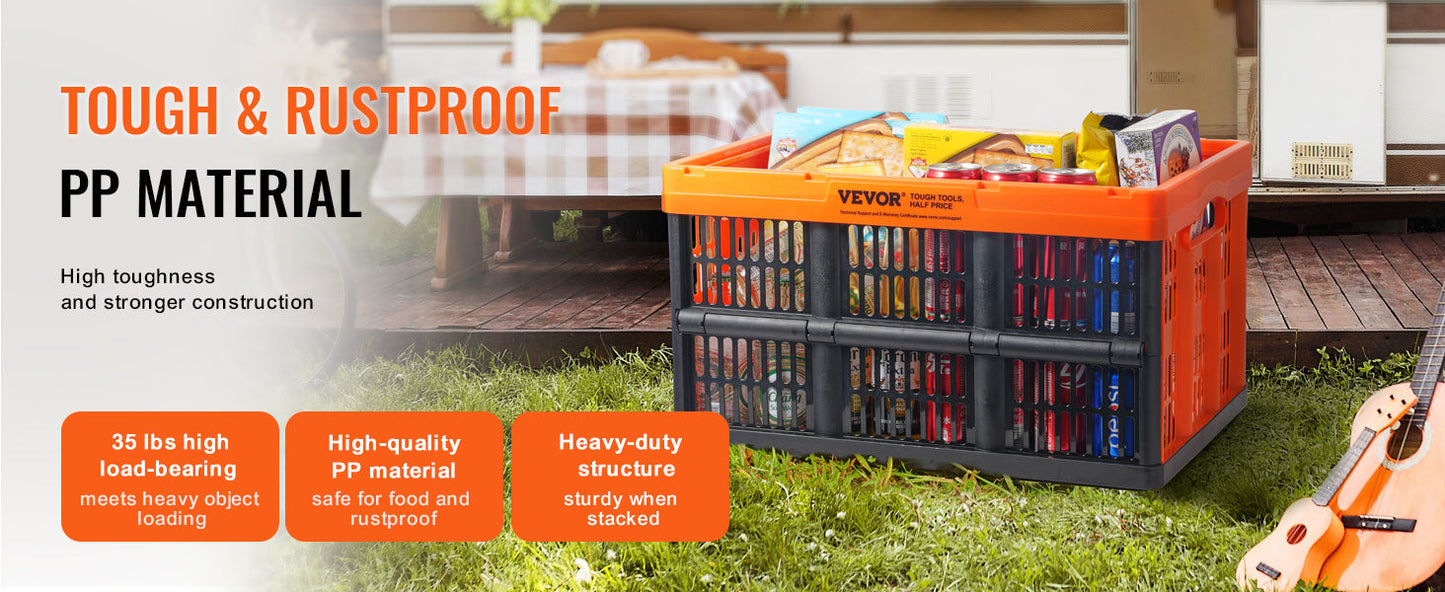 VEVOR 45L Collapsible Storage Baskets – 3-Pack Plastic Folding Bins with Handles for Clothes, Toys & Grocery, Stackable Containers