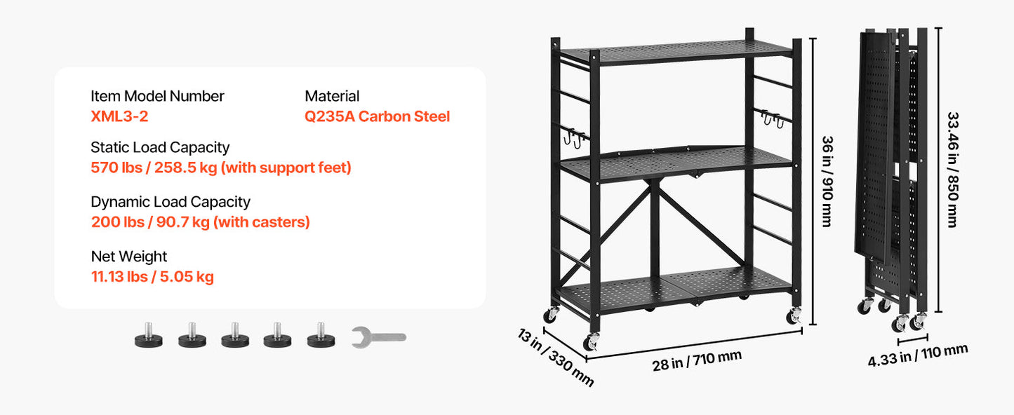 SucceBuy 3-6 Tier Black Foldable Storage Shelf — Wheeled Metal Rack Organizer for Kitchen & Garage