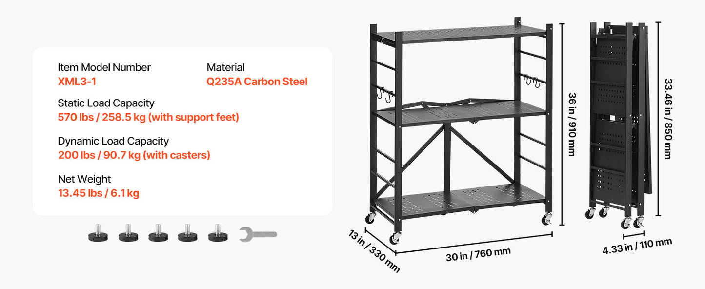 SucceBuy 3-6 Tier Black Foldable Storage Shelf — Wheeled Metal Rack Organizer for Kitchen & Garage