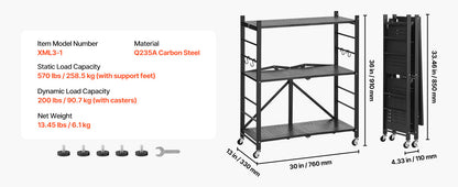 SucceBuy 3-6 Tier Black Foldable Storage Shelf — Wheeled Metal Rack Organizer for Kitchen & Garage