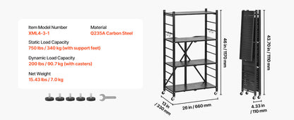 SucceBuy 3-6 Tier Black Foldable Storage Rack — Wheeled Metal Shelving Organizer for Garage & Kitchen