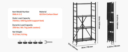 SucceBuy 3-6 Tier Black Foldable Storage Rack — Wheeled Metal Shelving Organizer for Garage & Kitchen