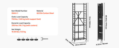SucceBuy 3-6 Tier Black Foldable Storage Rack — Wheeled Metal Shelving Organizer for Garage & Kitchen
