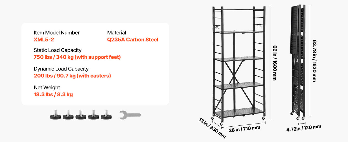 SucceBuy 3-6 Tier Black Foldable Storage Rack — Wheeled Metal Shelving Organizer for Garage & Kitchen