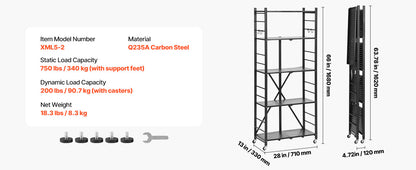 SucceBuy 3-6 Tier Black Foldable Storage Rack — Wheeled Metal Shelving Organizer for Garage & Kitchen