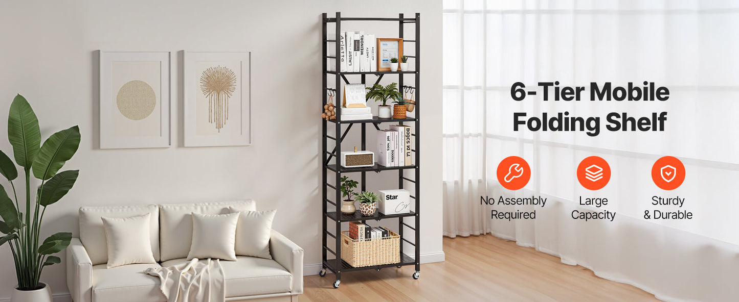 SucceBuy 3-6 Tier Black Foldable Storage Rack — Wheeled Metal Shelving Organizer for Garage & Kitchen