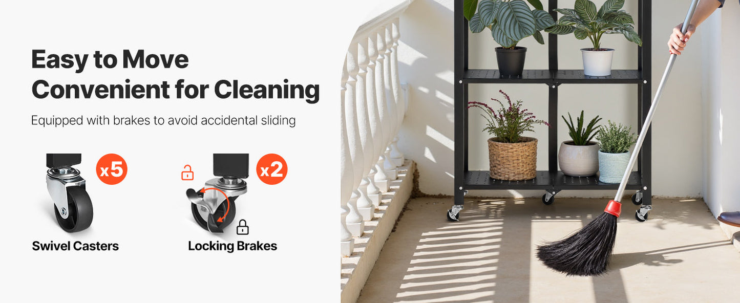 SucceBuy 3-6 Tier Black Foldable Storage Rack — Wheeled Metal Shelving Organizer for Garage & Kitchen