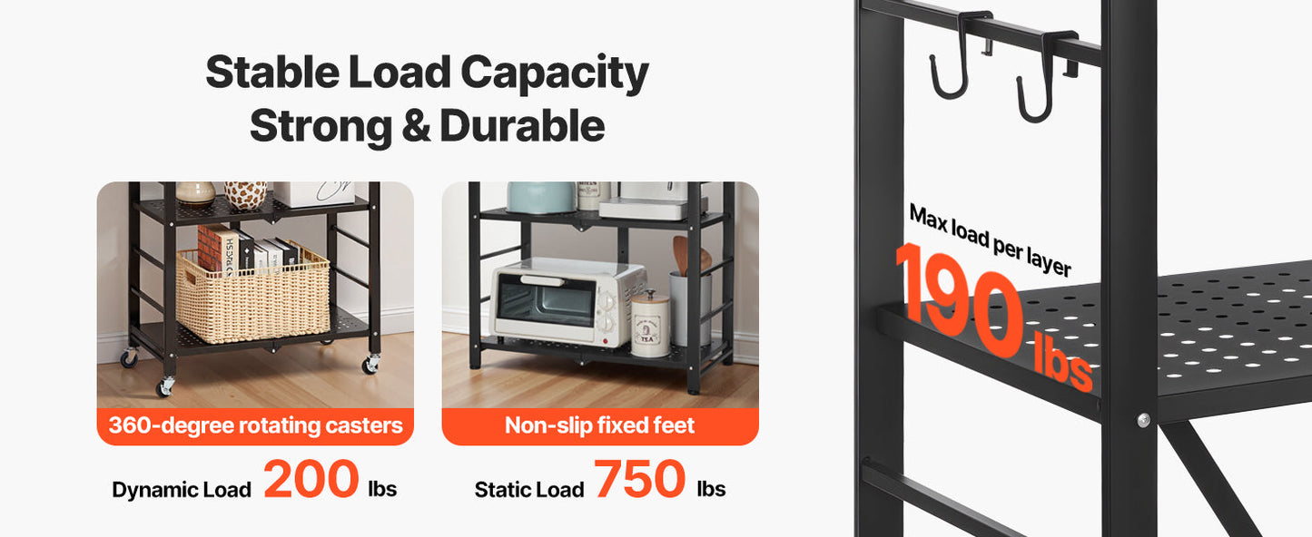 SucceBuy 3-6 Tier Black Foldable Storage Rack — Wheeled Metal Shelving Organizer for Garage & Kitchen