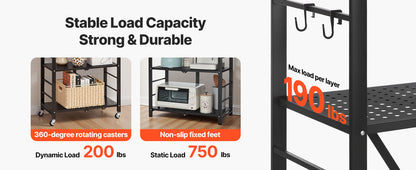 SucceBuy 3-6 Tier Black Foldable Storage Rack — Wheeled Metal Shelving Organizer for Garage & Kitchen