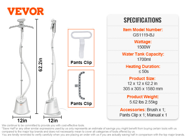 VEVOR Standing Garment Steamer with Foldable Hanger - 0.5 Gallon Tank for 90-Minute Continuous Home Steam Cleaning