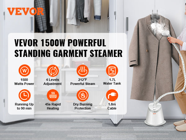VEVOR Standing Garment Steamer with Foldable Hanger - 0.5 Gallon Tank for 90-Minute Continuous Home Steam Cleaning