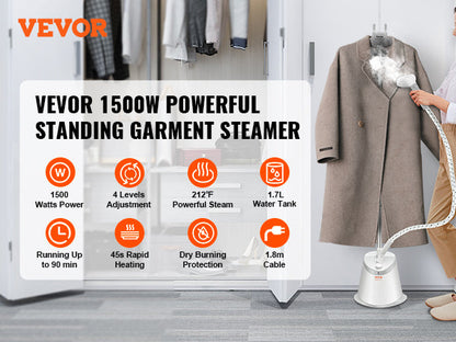 VEVOR Standing Garment Steamer with Foldable Hanger - 0.5 Gallon Tank for 90-Minute Continuous Home Steam Cleaning