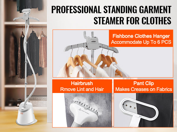 VEVOR Standing Garment Steamer with Foldable Hanger - 0.5 Gallon Tank for 90-Minute Continuous Home Steam Cleaning