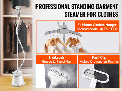 VEVOR Standing Garment Steamer with Foldable Hanger - 0.5 Gallon Tank for 90-Minute Continuous Home Steam Cleaning