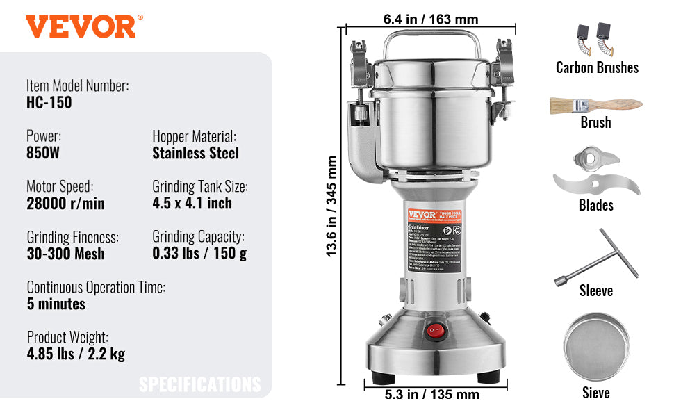 SucceBuy 150-2500g Electric Grain Mill Grinder – Commercial Spice & Herb Grinder for Coffee, Corn & Cereals