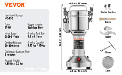 SucceBuy 150-2500g Electric Grain Mill Grinder – Commercial Spice & Herb Grinder for Coffee, Corn & Cereals