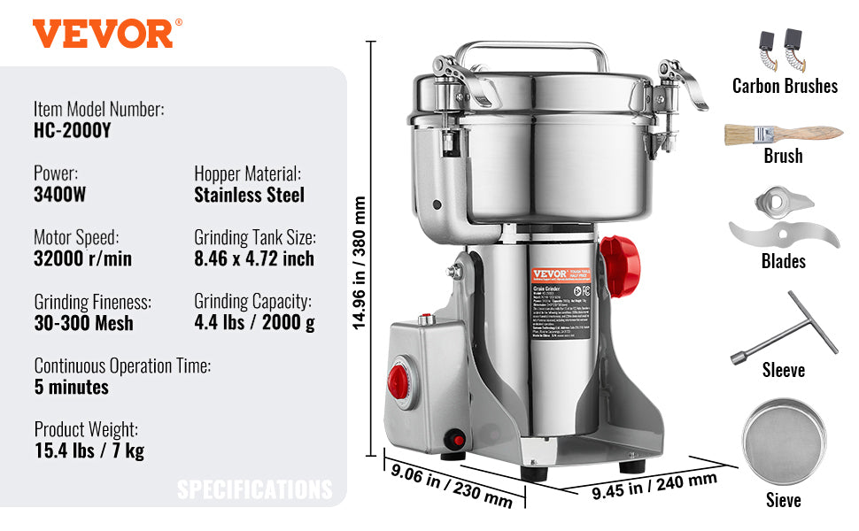 SucceBuy 150-2500g Electric Grain Mill Grinder – Commercial Spice & Herb Grinder for Coffee, Corn & Cereals